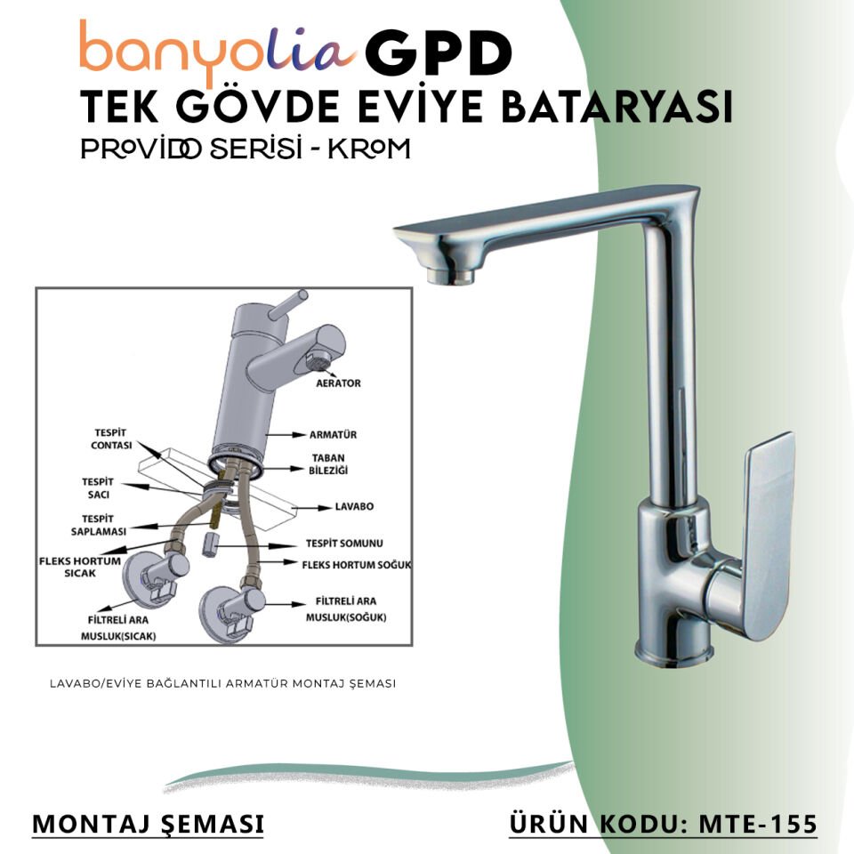 BANYOLİA - GPD Provido Tek Gövde Eviye Bataryası  (MTE155)