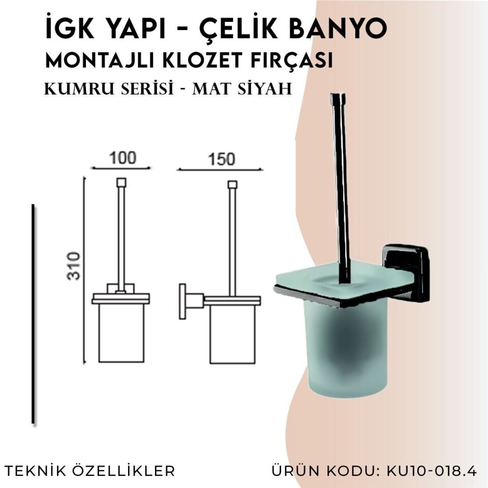İGK YAPI - Çelik Banyo Kumru Mat Siyah Montajlı Klozet Fırçası (KU10-018.4)