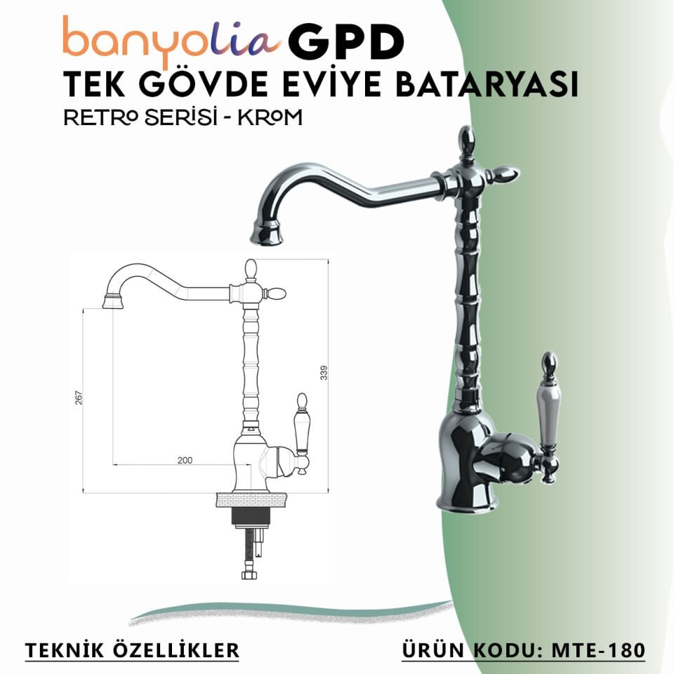 BANYOLİA - GPD GPD Retro Tek Gövde Eviye Bataryası  (MTE180)