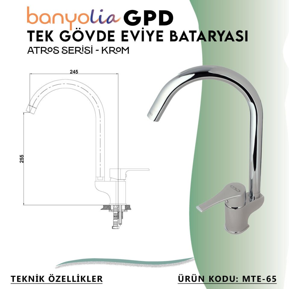 BANYOLİA - GPD Atros Tek Gövde Eviye Bataryası  (MTE65)