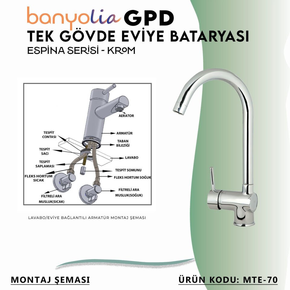 BANYOLİA - GPD Espina Tek Gövde Eviye Bataryası  (MTE70)