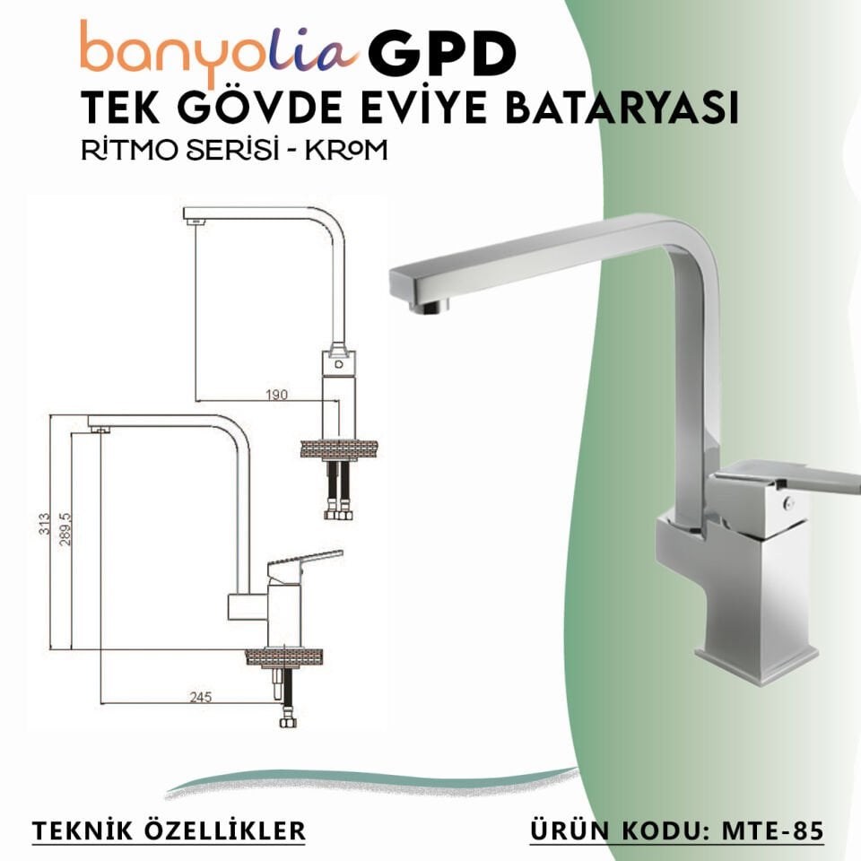 BANYOLİA - GPD Ritmo Tek Gövde Eviye Bataryası  (MTE85)