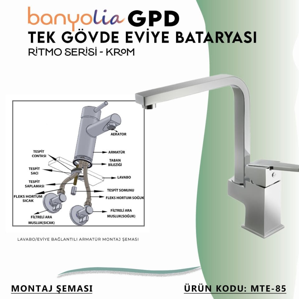 BANYOLİA - GPD Ritmo Tek Gövde Eviye Bataryası  (MTE85)
