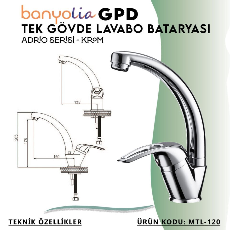 BANYOLİA - GPD Adrio Tek Gövde Lavabo Bataryası  (MTL120)