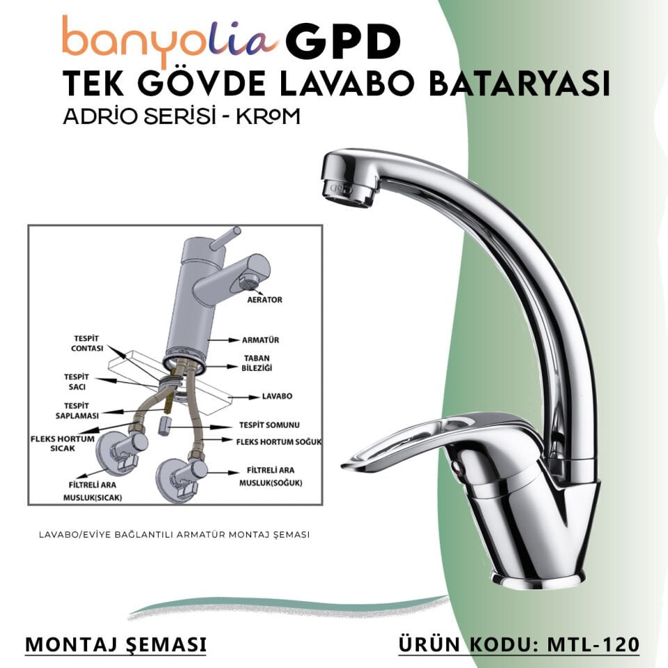 BANYOLİA - GPD Adrio Tek Gövde Lavabo Bataryası  (MTL120)
