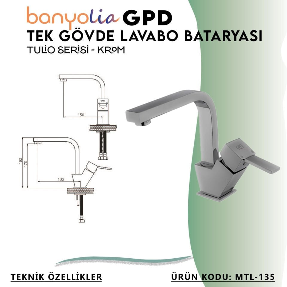 BANYOLİA - GPD Tulio Tek Gövde Lavabo Bataryası  (MTL135)