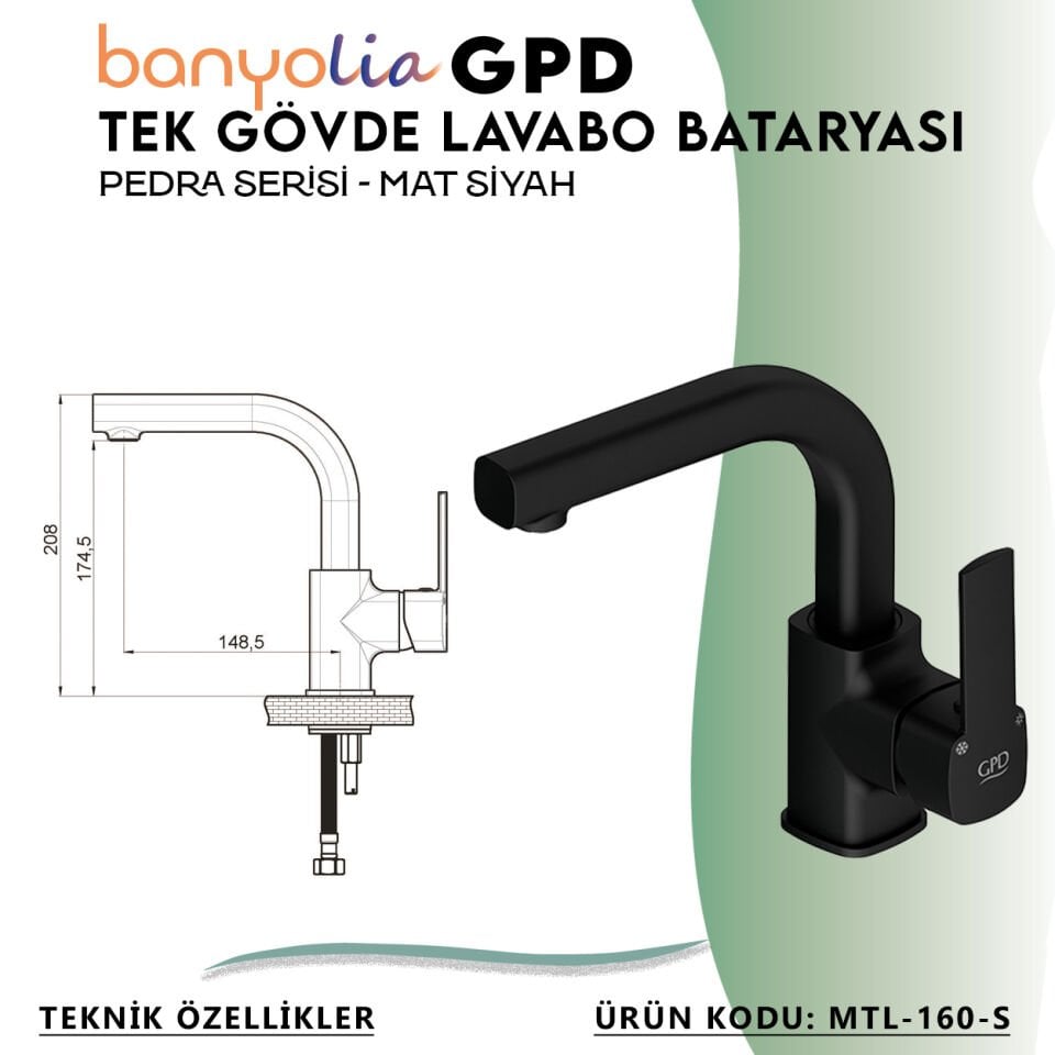 BANYOLİA - GPD S Pedra Tek Gövde Lavabo Bataryası  (MTL160-S)