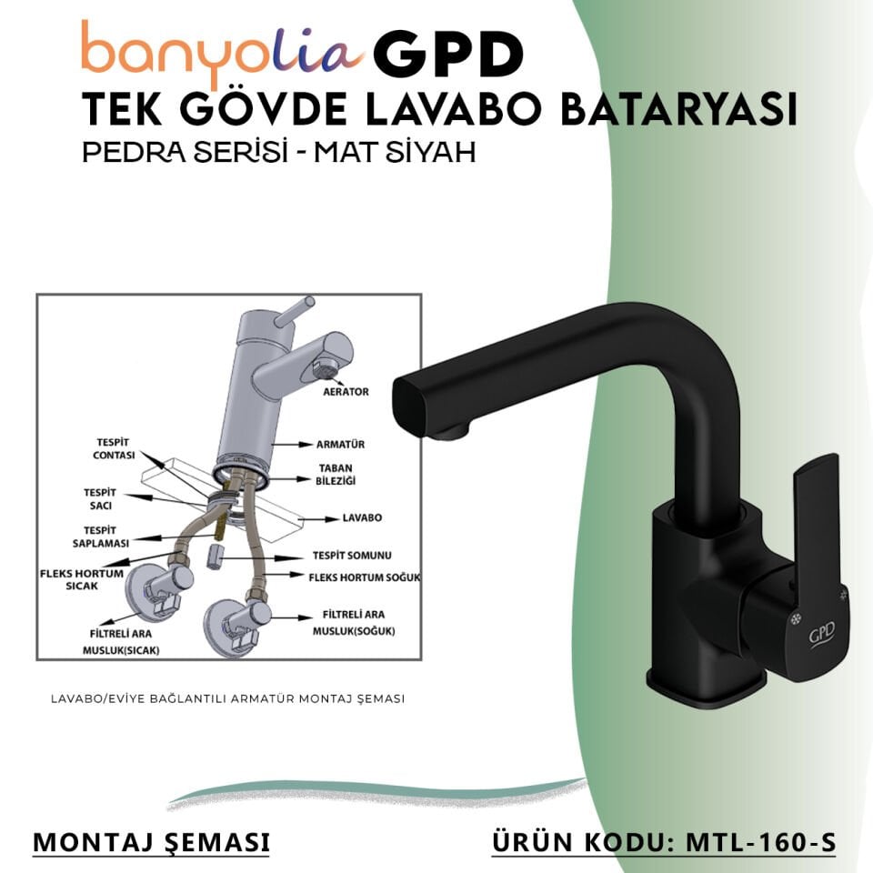 BANYOLİA - GPD S Pedra Tek Gövde Lavabo Bataryası  (MTL160-S)