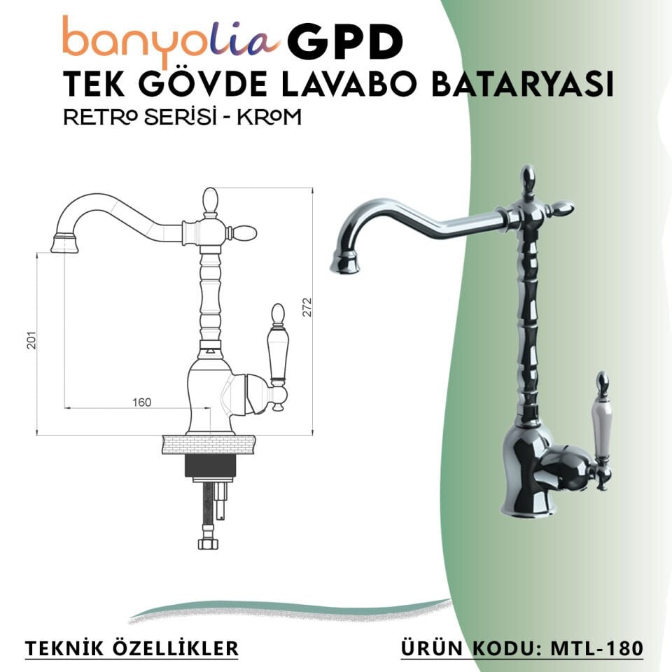 BANYOLİA - GPD GPD Retro Tek Gövde Lavabo Bataryası  (MTL180)