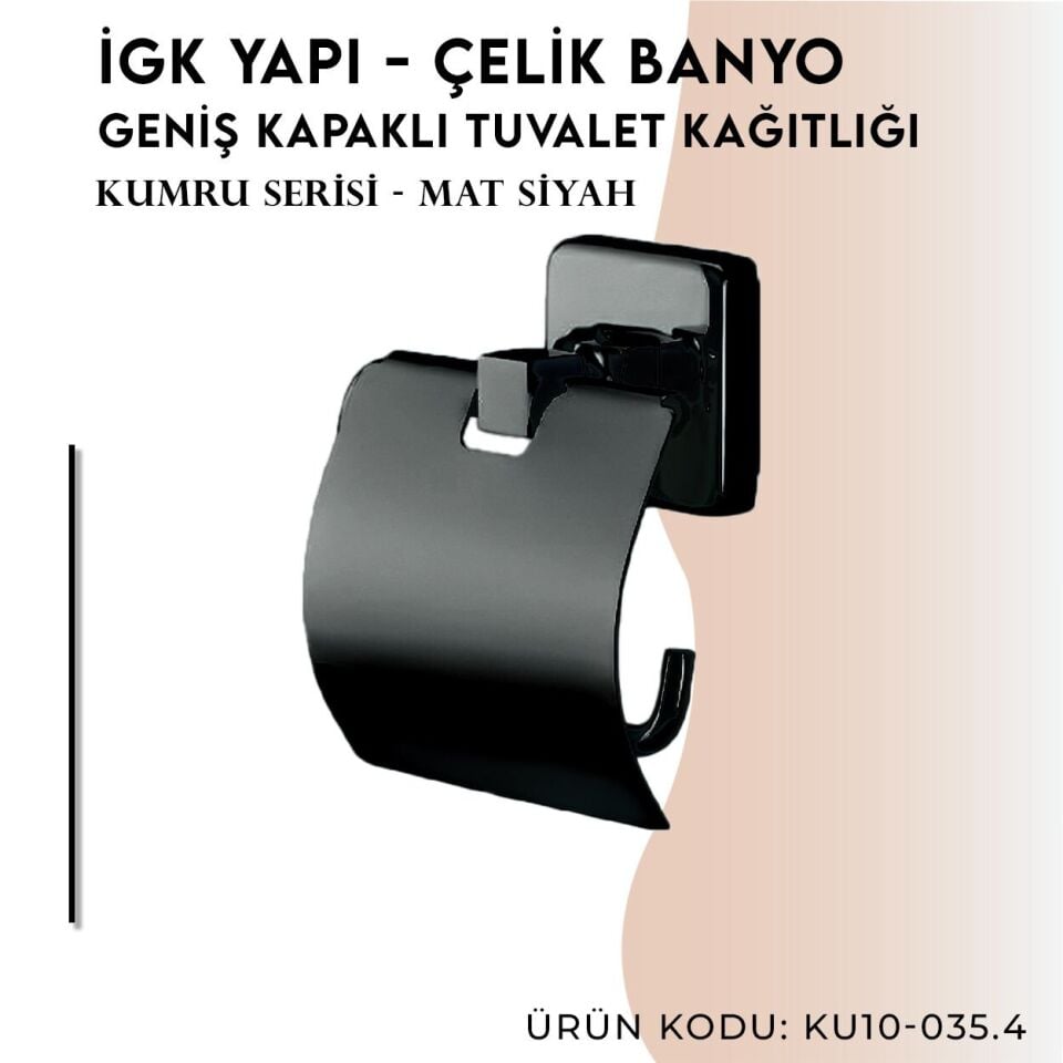 İGK YAPI - Çelik Banyo Kumru Mat Siyah Geniş Kapaklı Tuvalet Kâğıtlığı (KU10-035.4)