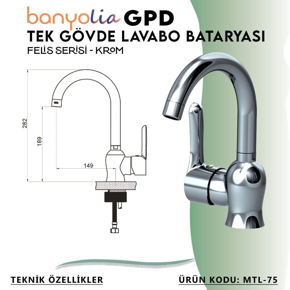 BANYOLİA - GPD Felis Tek Gövde Lavabo Bataryası  (MTL75)
