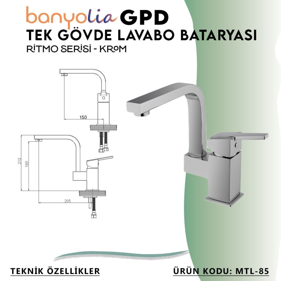 BANYOLİA - GPD Ritmo Tek Gövde Lavabo Bataryası  (MTL85)