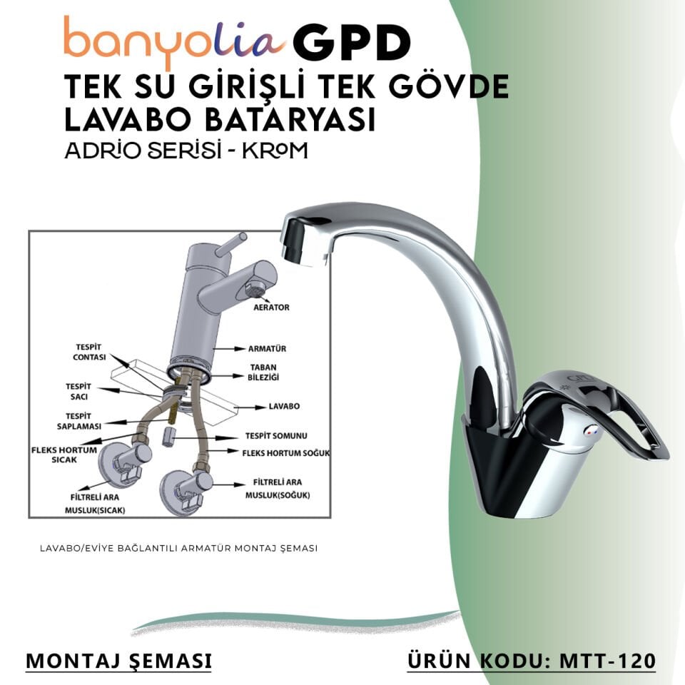 BANYOLİA - GPD Adrio Tek Su Girişli Tek Gövde Lavabo Bataryası  (MTT120)