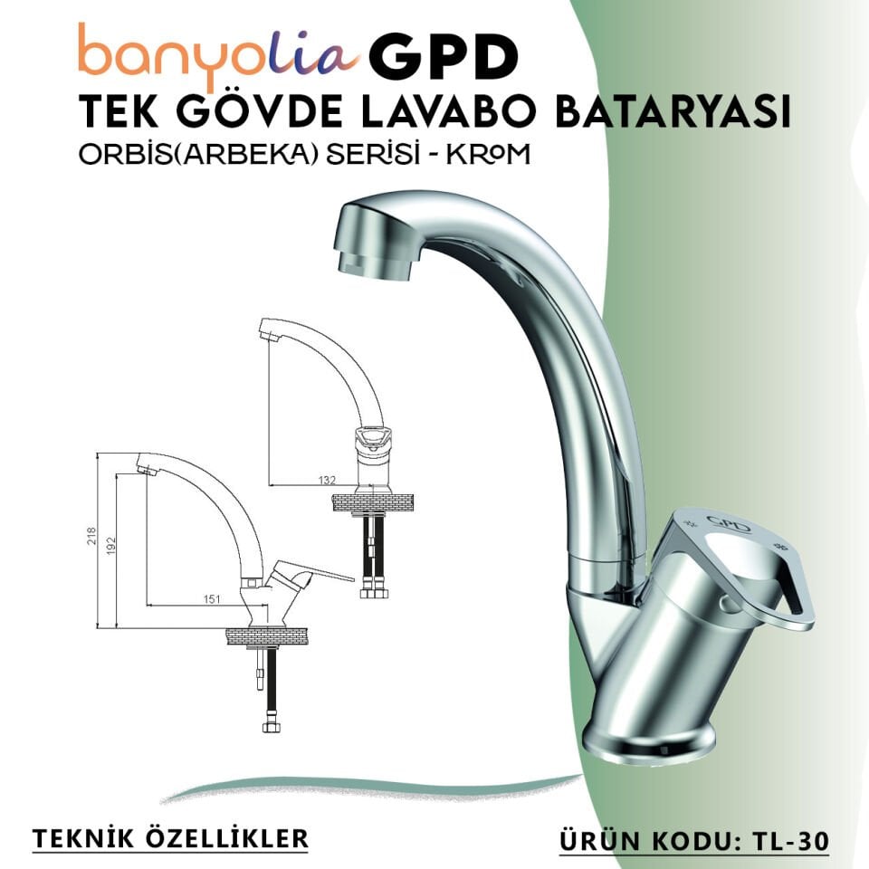 BANYOLİA - GPD Orbis Tek Gövde Lavabo Bataryası  (TL30)