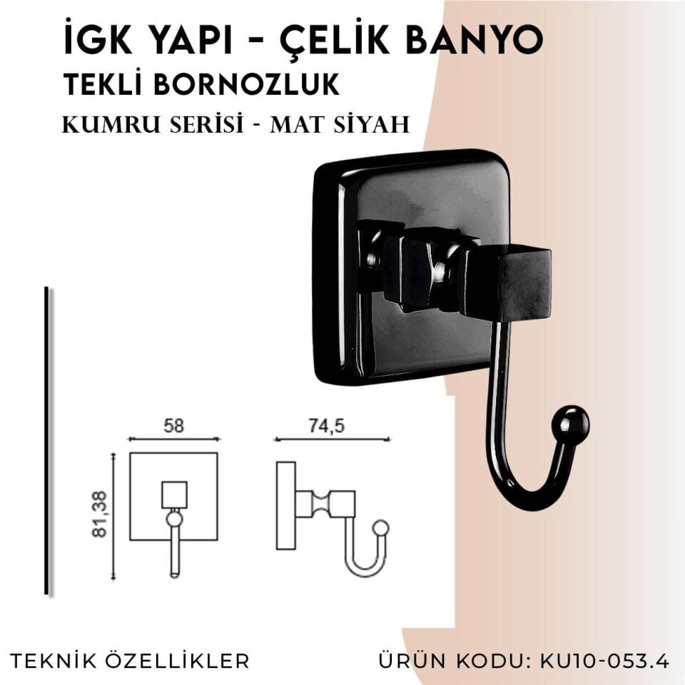 İGK YAPI - Çelik Banyo Kumru Mat Siyah Tekli Bornozluk (KU10-053.4)