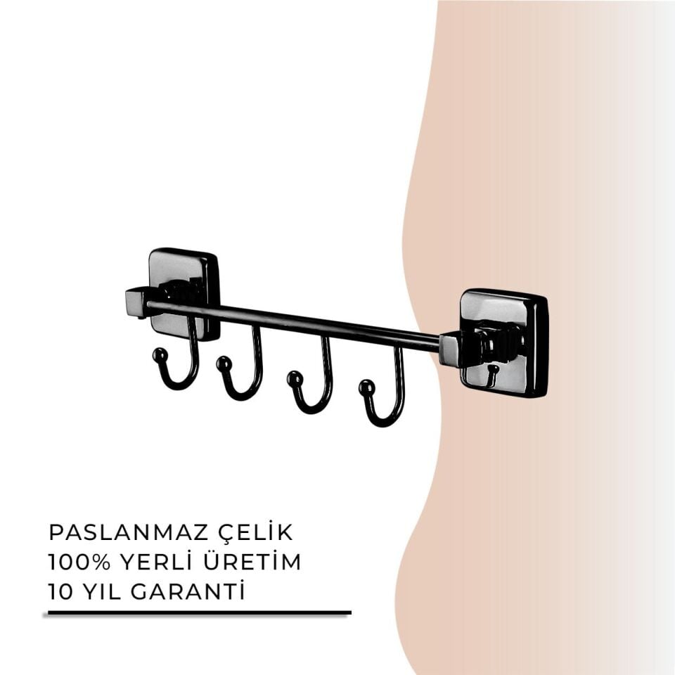 İGK YAPI - Çelik Banyo Kumru Mat Siyah Kancalı Dörtlü Askılık (KU10-057.4)