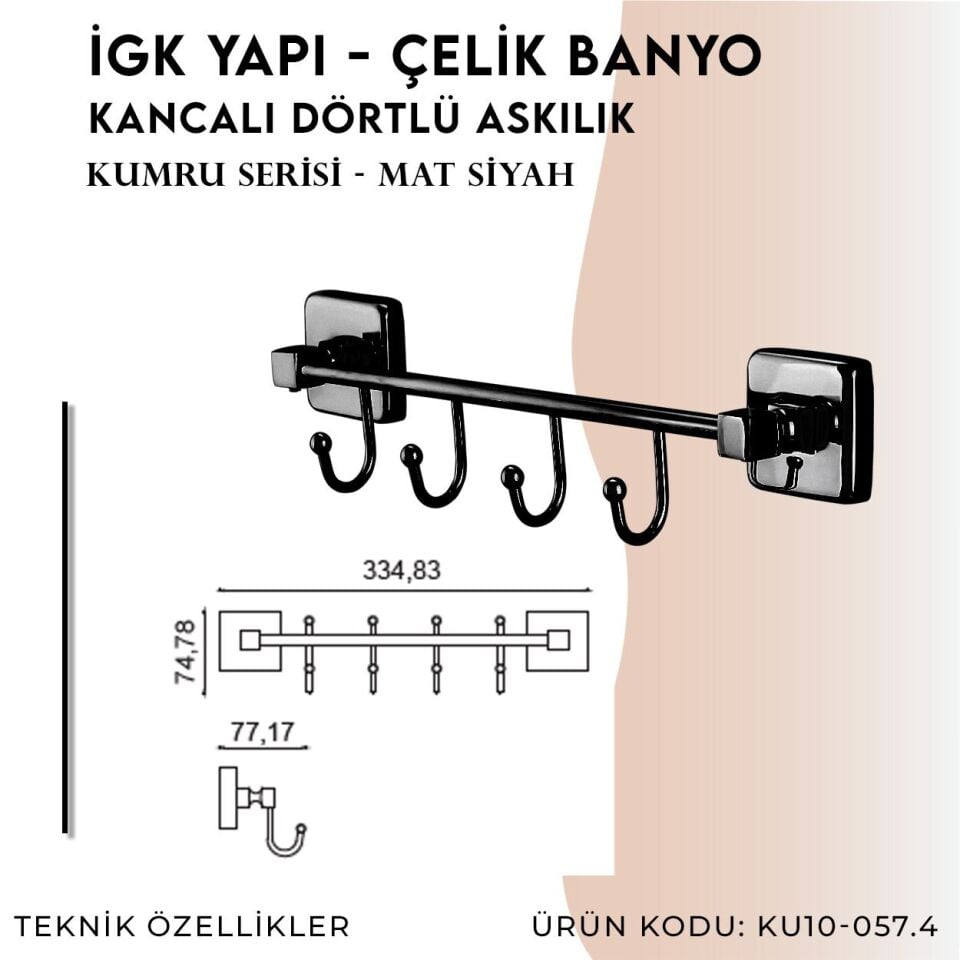 İGK YAPI - Çelik Banyo Kumru Mat Siyah Kancalı Dörtlü Askılık (KU10-057.4)