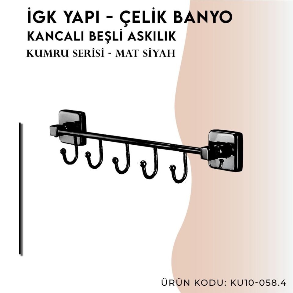 İGK YAPI - Çelik Banyo Kumru Mat Siyah Beşli Askılık (KU10-058.4)