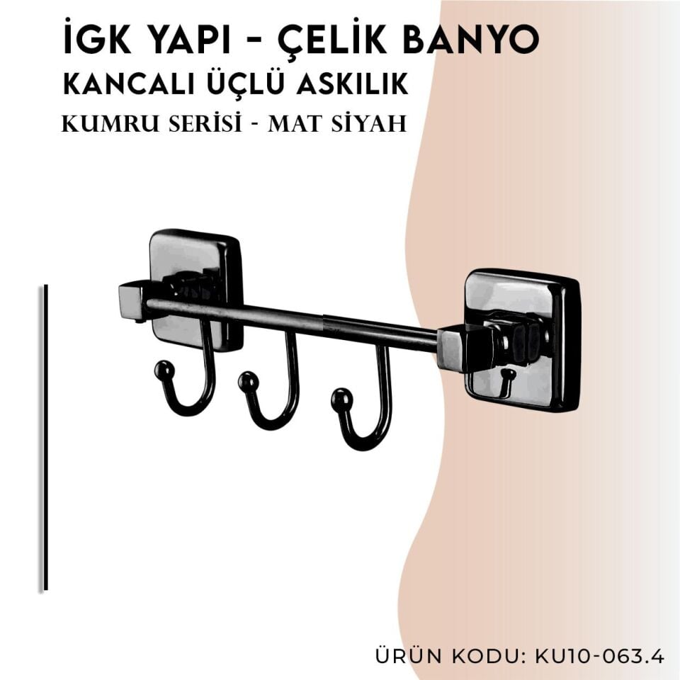 İGK YAPI - Çelik Banyo Kumru Mat Siyah Kancalı Üçlü Askılık (KU10-063.4)