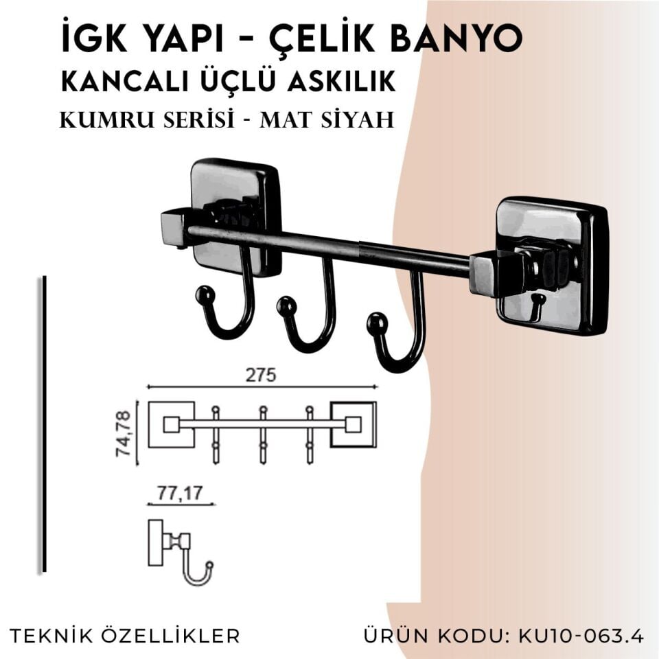 İGK YAPI - Çelik Banyo Kumru Mat Siyah Kancalı Üçlü Askılık (KU10-063.4)