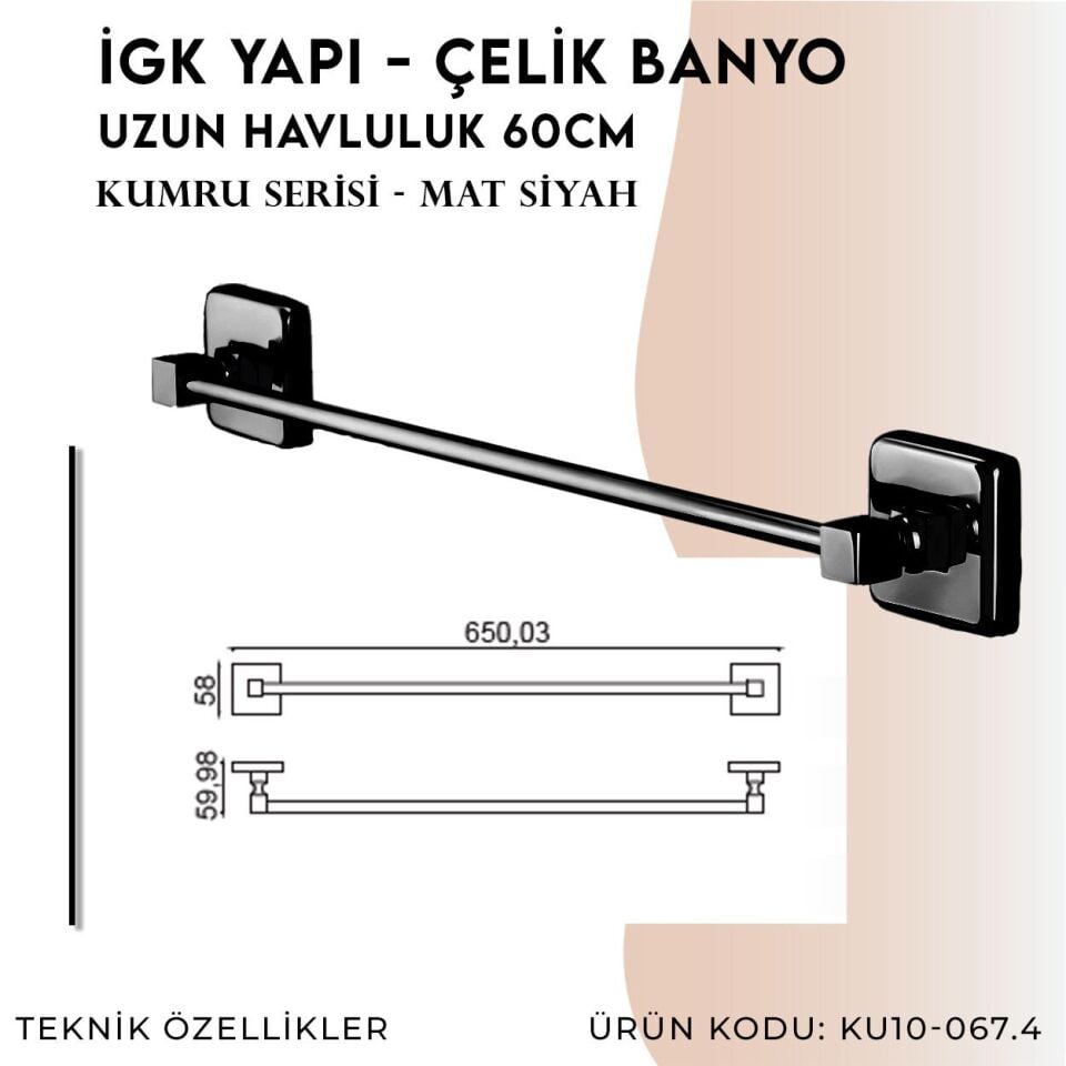 İGK YAPI - Çelik Banyo Kumru Mat Siyah Uzun Havluluk 60cm (KU10-067.4)