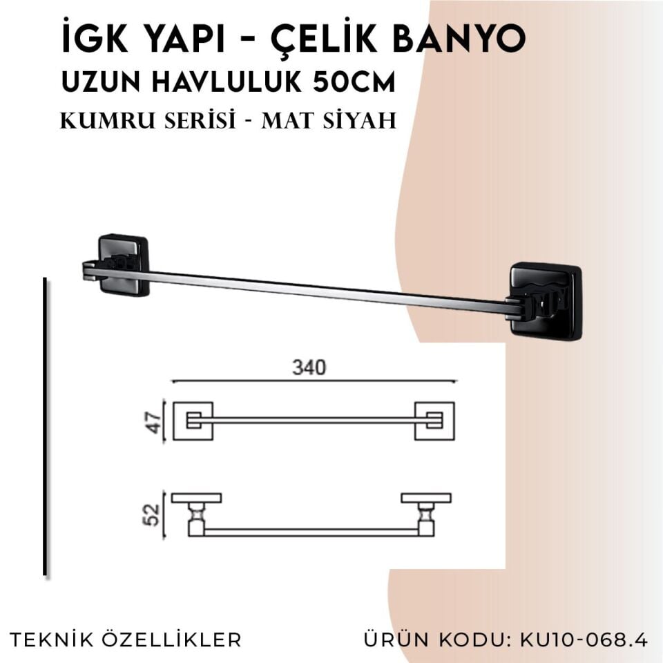 İGK YAPI - Çelik Banyo Kumru Mat Siyah Uzun Havluluk 50cm (KU10-068.4)