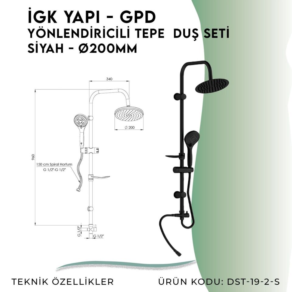 İGK YAPI - GPD Yönlendiricili Duş Seti (3 Fonksiyonlu El Duşu + Ø200)  (DST192S)