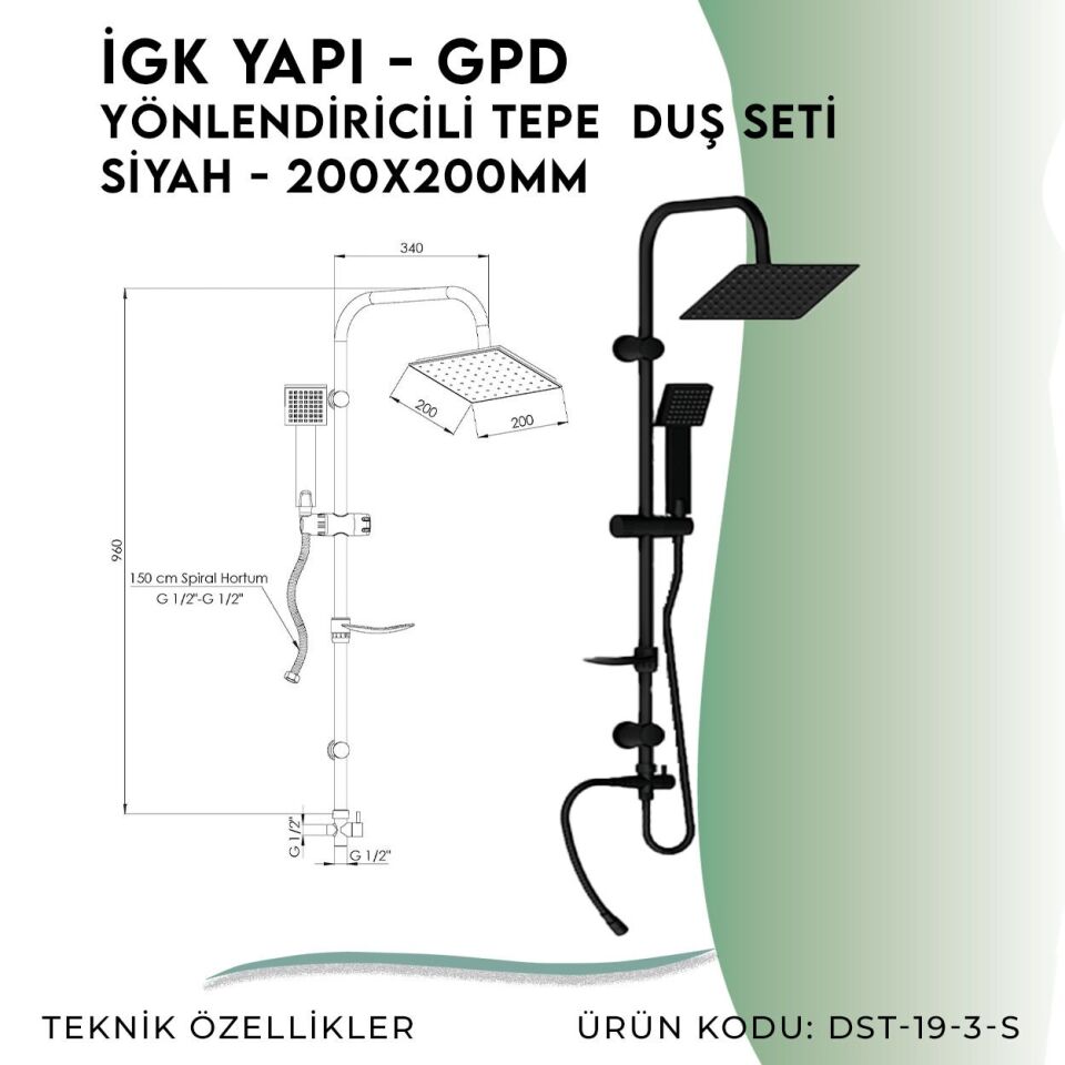 İGK YAPI - GPD Yönlendiricili Duş Seti (Tek Fonksiyonlu El Duşu + 200x200)  (DST193S)