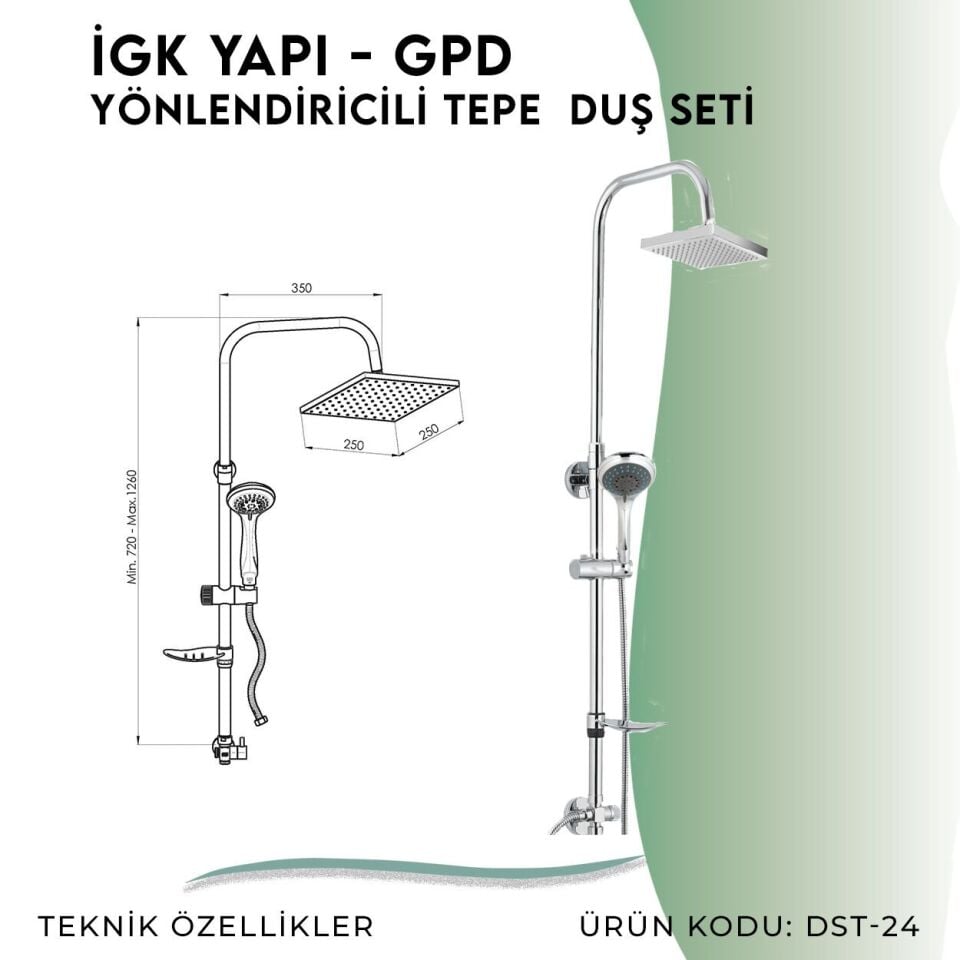 İGK YAPI - GPD Duş Seti (5 Fonksiyonlu El Duşu +250x250)  (DST24)