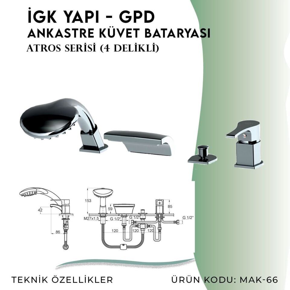 İGK YAPI - GPD Atros Ankastre Küvet Bataryası (4 Delikli)  (MAK66)