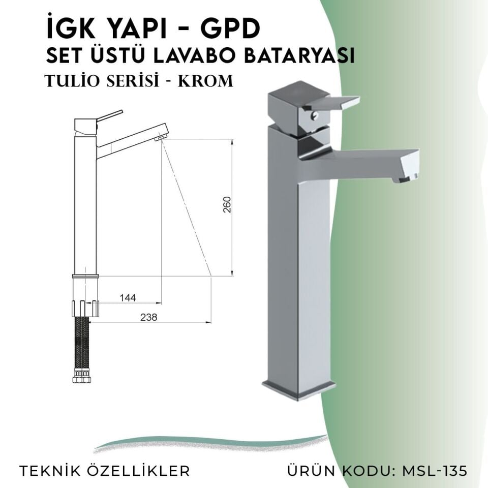 İGK YAPI - GPD Tulio Set Üstü Lavabo Bataryası  (MSL135)