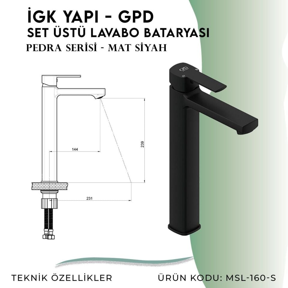İGK YAPI - GPD S Pedra Set Üstü Lavabo Bataryası  (MSL160-S)