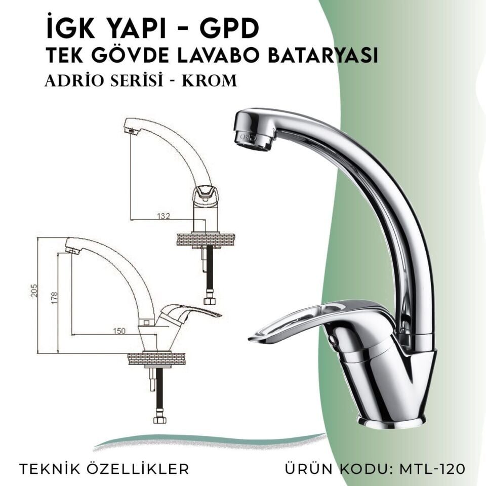 İGK YAPI - GPD Adrio Tek Gövde Lavabo Bataryası  (MTL120)