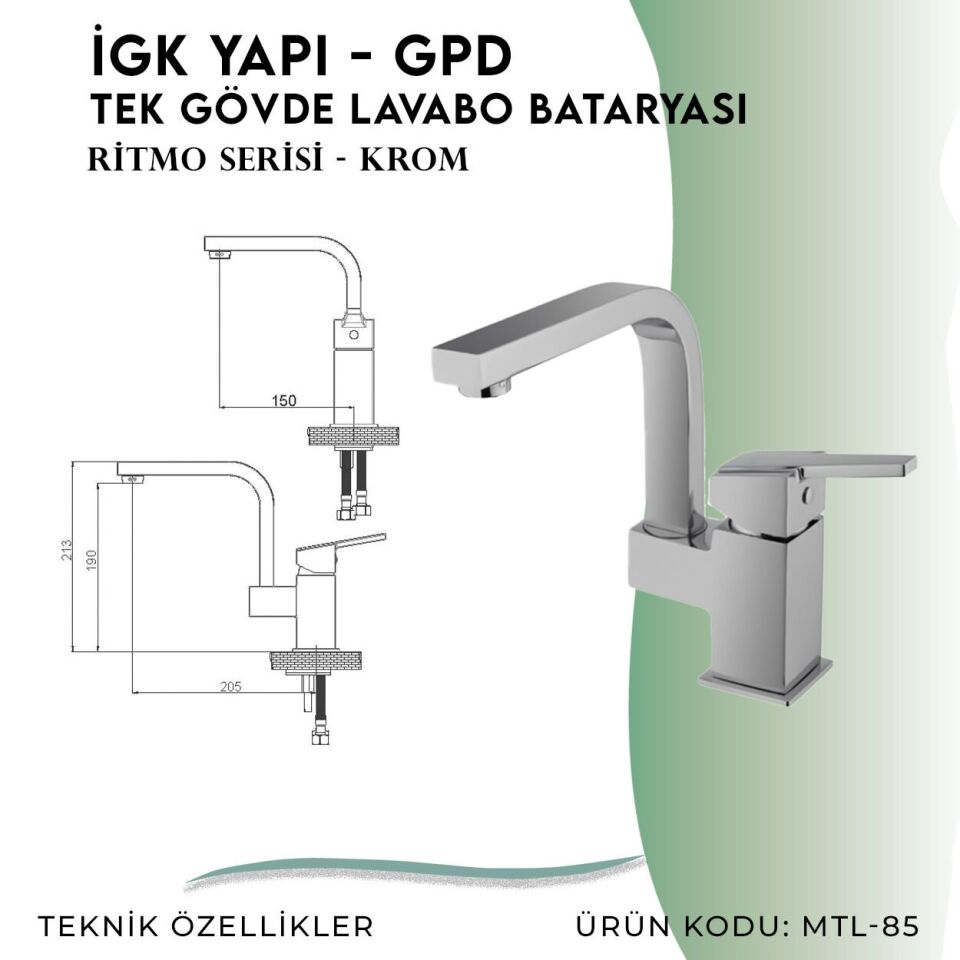 İGK YAPI - GPD Ritmo Tek Gövde Lavabo Bataryası  (MTL85)