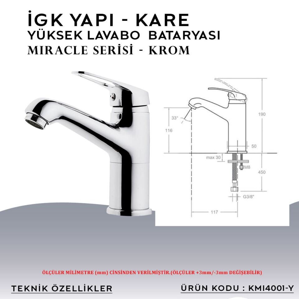İGK YAPI – KARE KMI4001-Y Miracle Yüksek Lavabo Bataryası