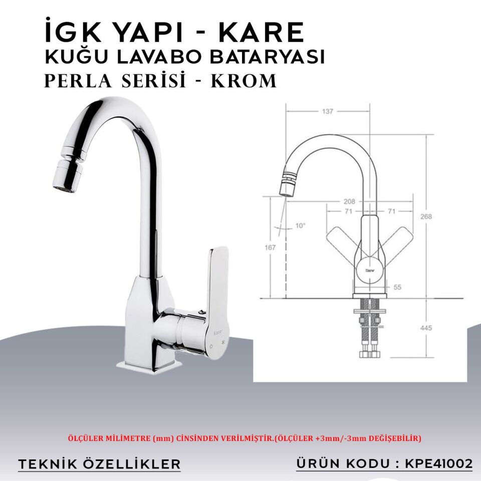 İGK YAPI – KARE KPE41002 Perla Kuğu Lavabo Bataryası