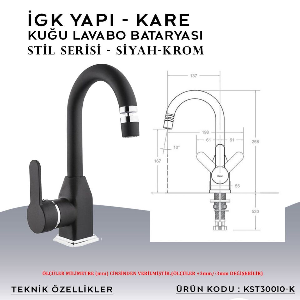 İGK YAPI – KARE KST30010-K Stil Kuğu Lavabo Bataryası