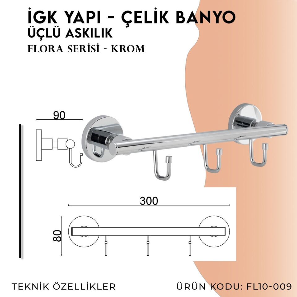İGK YAPI - Çelik Banyo Flora Üçlü Askılık (FL10-009)