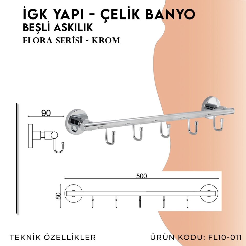 İGK YAPI - Çelik Banyo Flora Beşli Askılık (FL10-011)