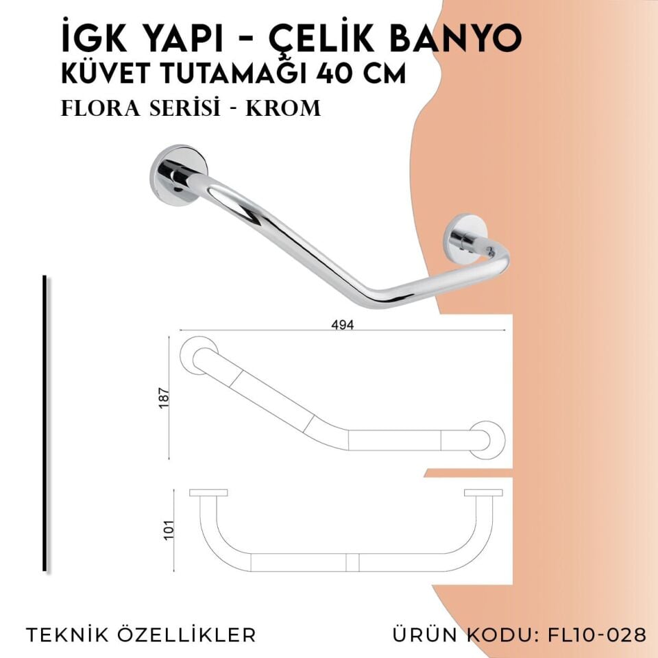 İGK YAPI - Çelik Banyo Flora Küvet Tutamağı 40cm (FL10-028)