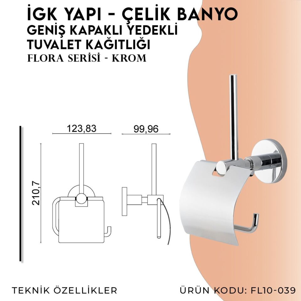 İGK YAPI - Çelik Banyo Flora Yedekli Geniş Kapaklı Tuvalet Kâğıtlığı (FL10-039)