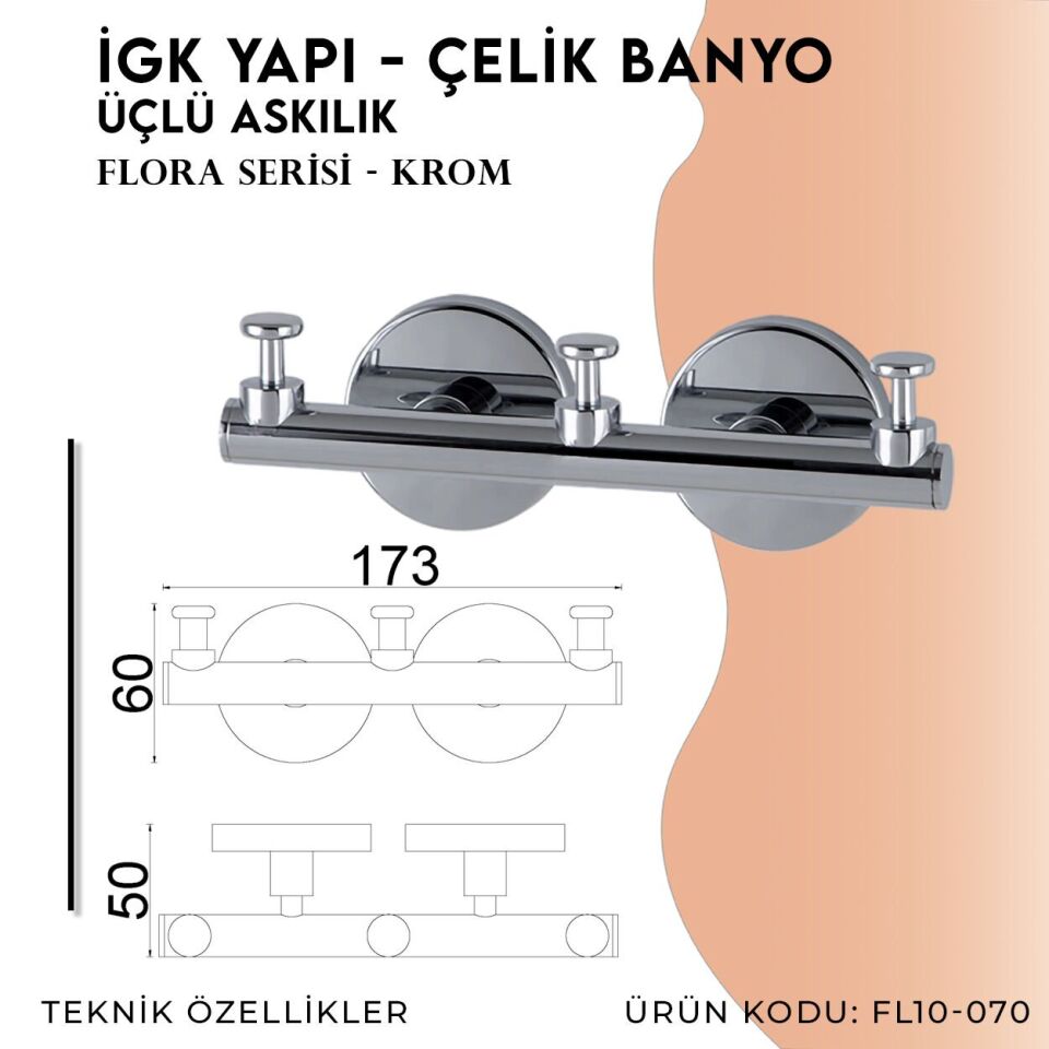 İGK YAPI - Çelik Banyo Flora Üçlü Askılık (FL10-070)