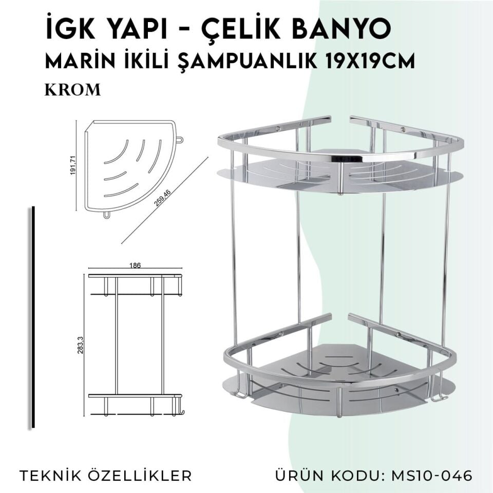 İGK YAPI - Çelik Banyo Marin İkili Şampuanlık 19x19cm (MS10-046)