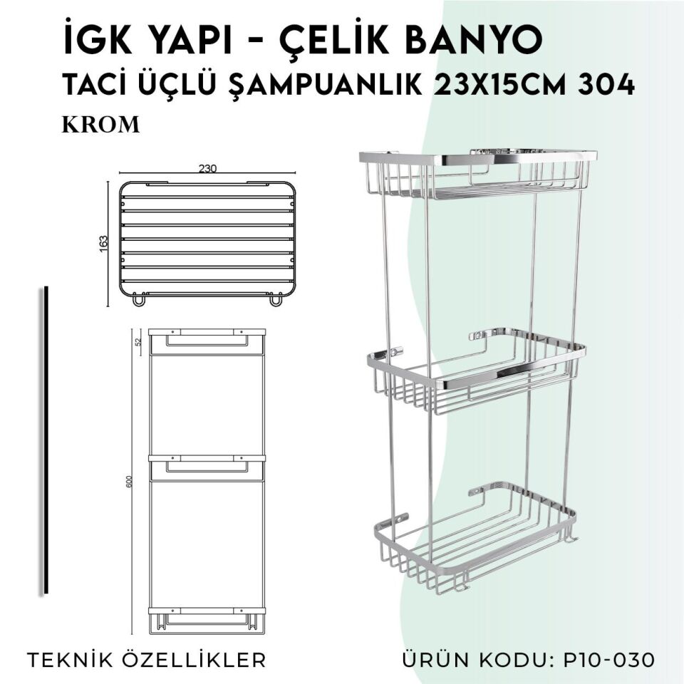 İGK YAPI - Çelik Banyo Taci Üçlü Şampuanlık 23x15cm 304 (P10-030)