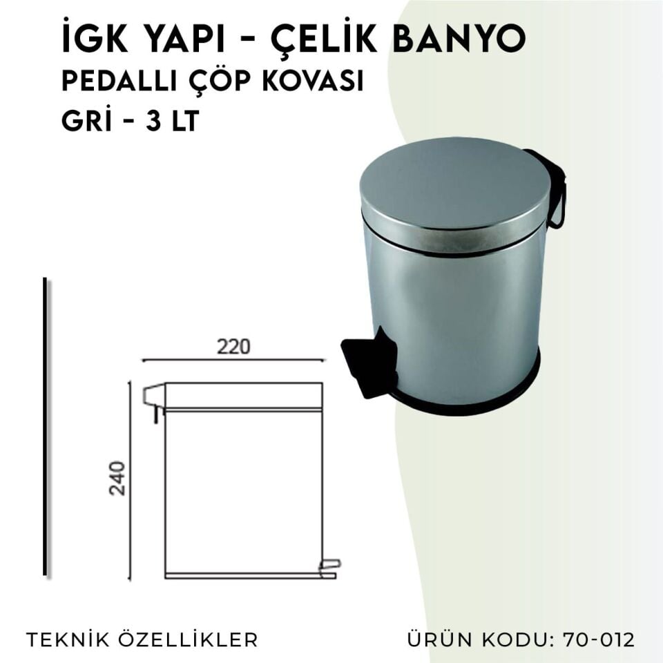 İGK YAPI - Çelik Banyo Pedallı Çöp Kovası 3lt 430 (70-012)