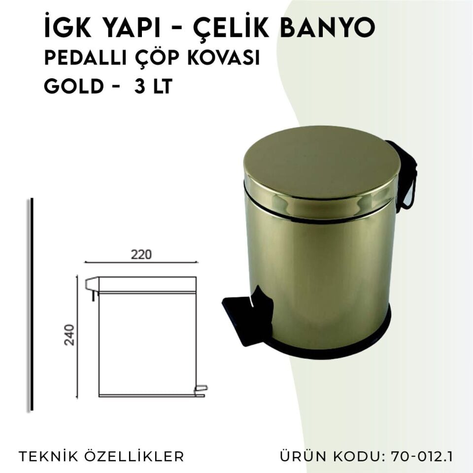 İGK YAPI - Çelik Banyo Pedallı Çöp Kovası 3lt Gold 430 (70-012.1)