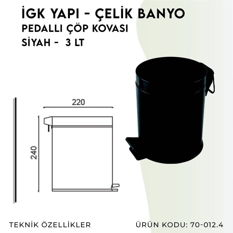İGK YAPI - Çelik Banyo Pedallı Çöp Kovası 3lt Mat Siyah 430 (70-012.4)