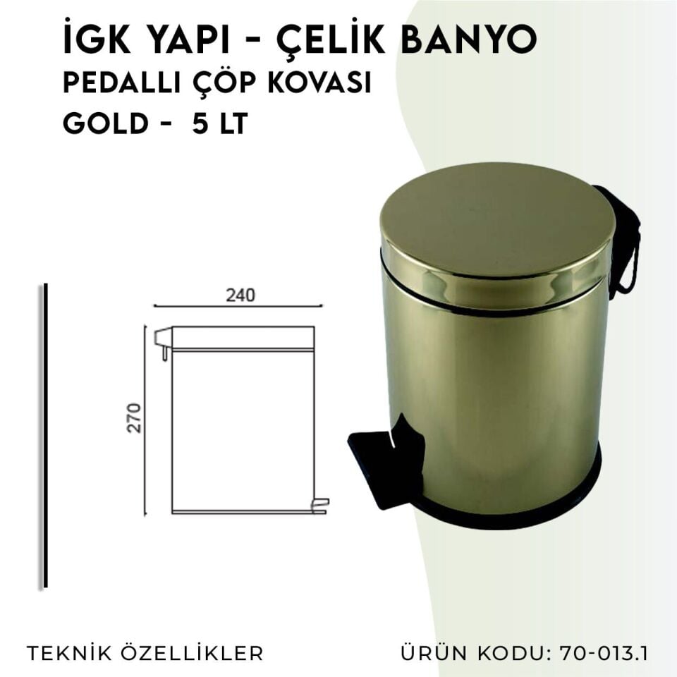 İGK YAPI - Çelik Banyo Pedallı Çöp Kovası 5lt Gold 430 (70-013.1)