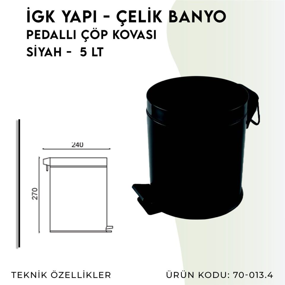İGK YAPI - Çelik Banyo Pedallı Çöp Kovası 5lt Mat Siyah 430 (70-013.4)