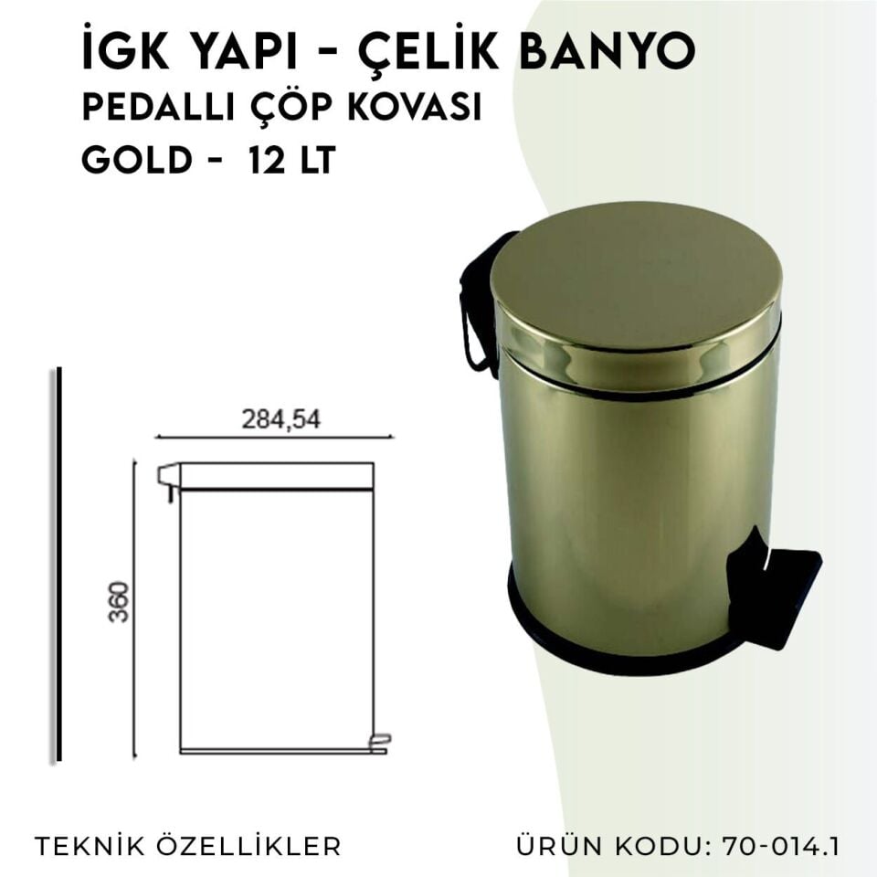 İGK YAPI - Çelik Banyo Pedallı Çöp Kovası 12lt Gold 430 (70-014.1)
